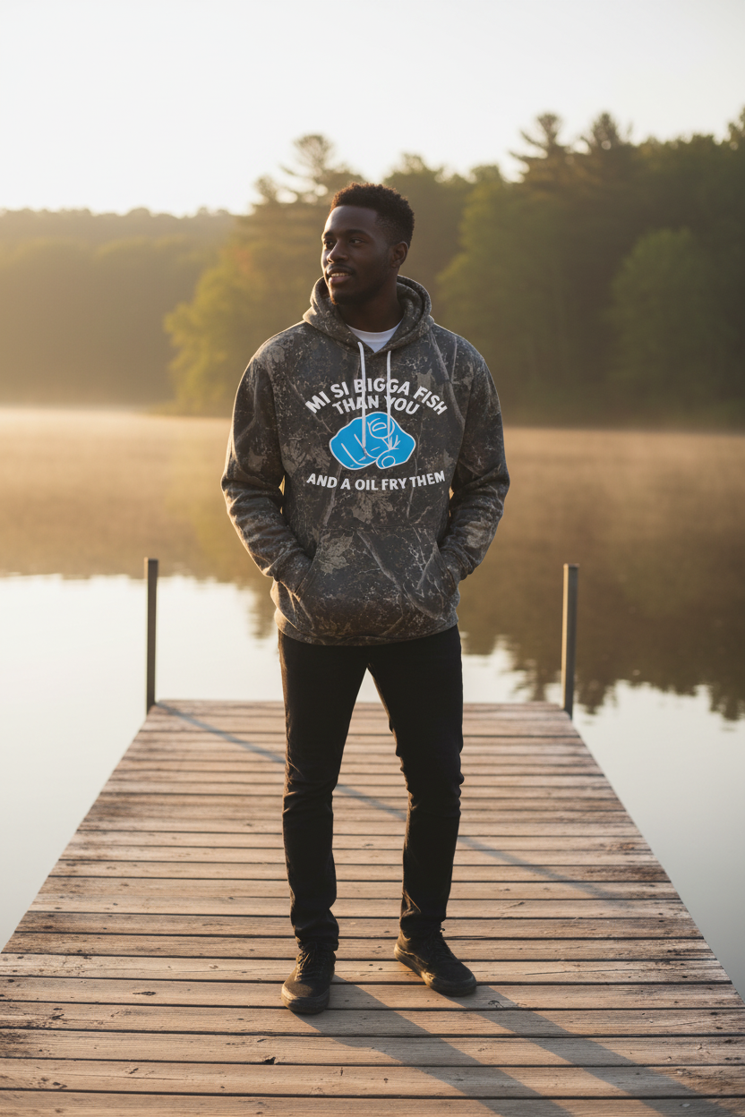 Forest camo hoodie - Black male model, lakeside dock