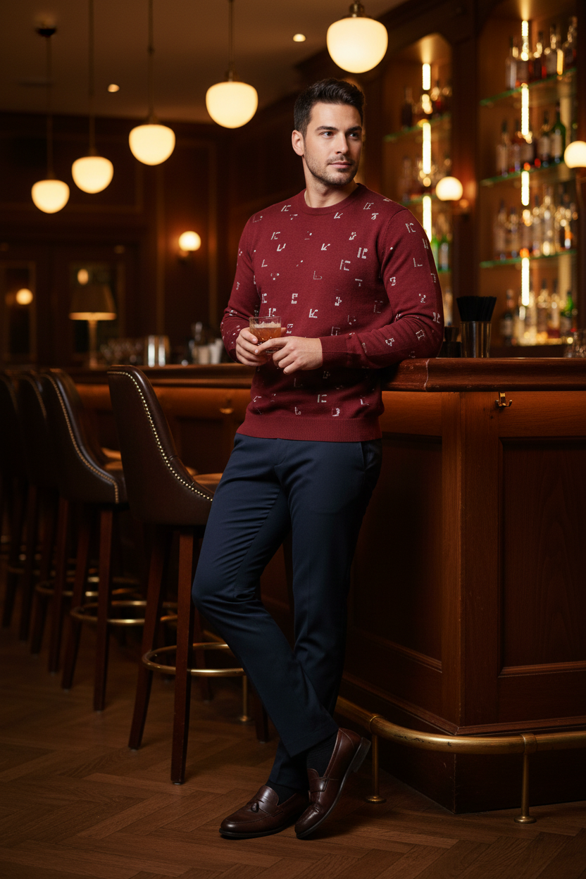 Hispanic male model wearing burgundy FZ sweater, upscale restaurant bar