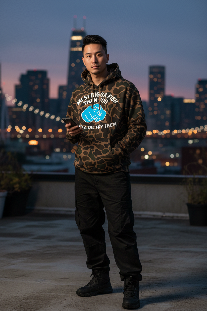Duck camo hoodie - Asian male model, rooftop city