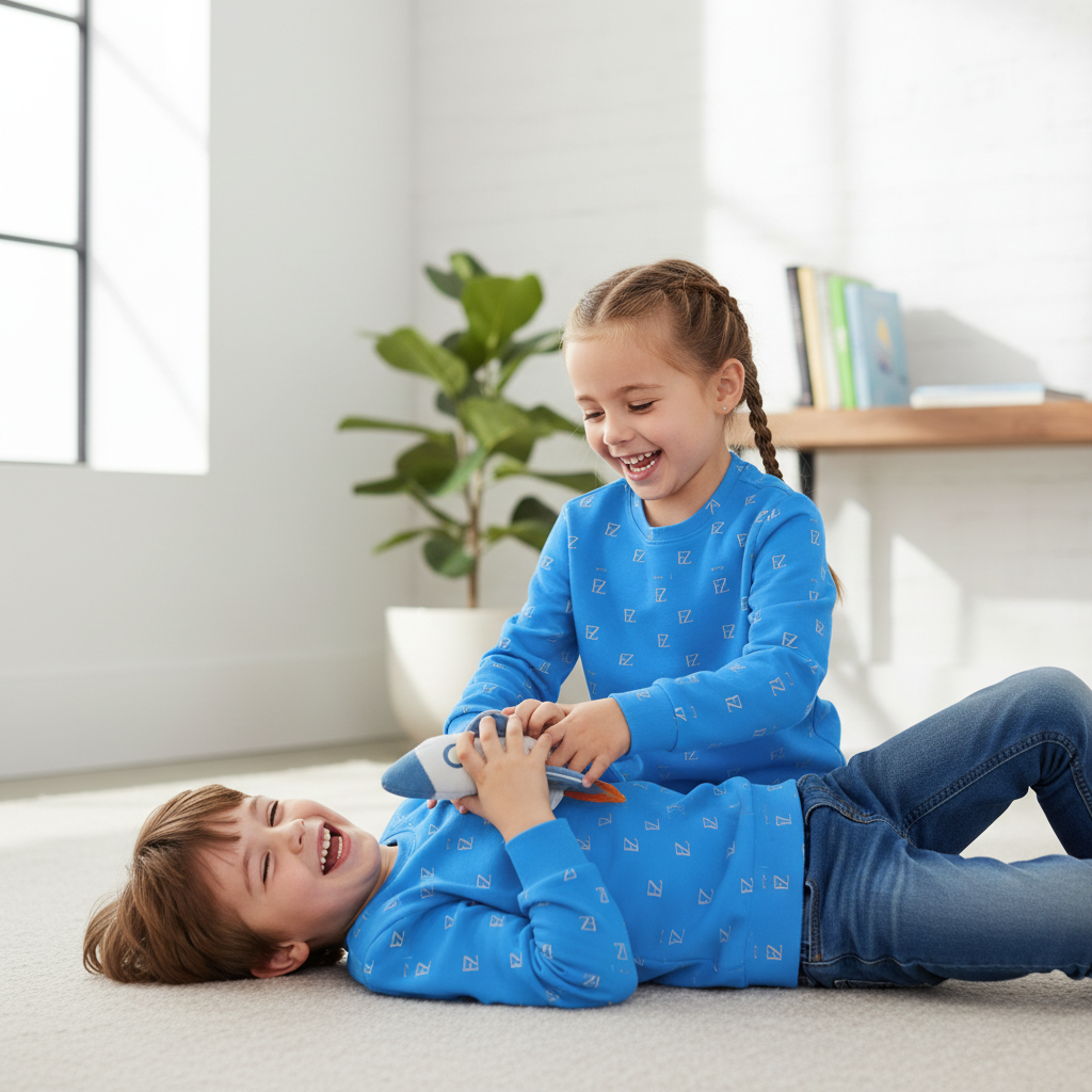 Two kids wearing blue FZ monogram sweatshirts
