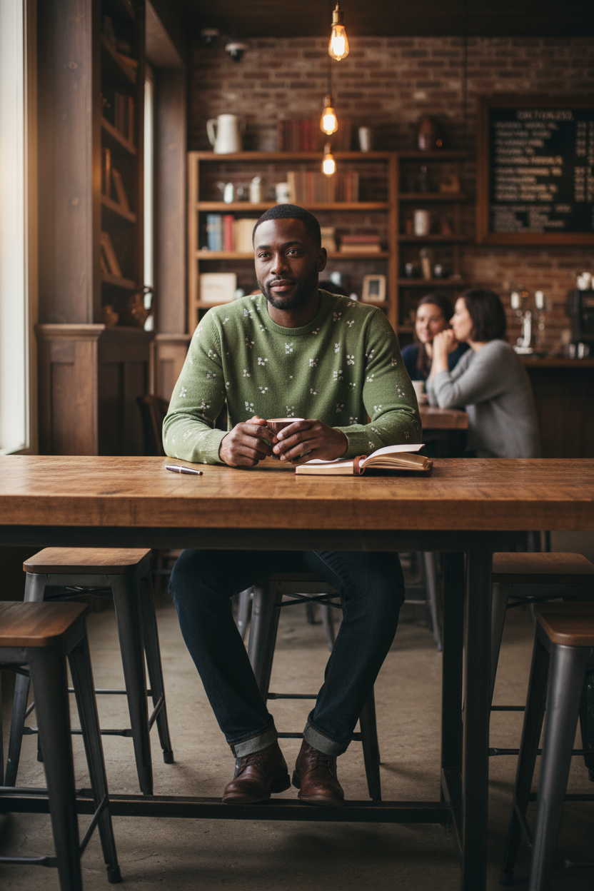 Black male model wearing olive green FZ sweater, rustic coffee shop