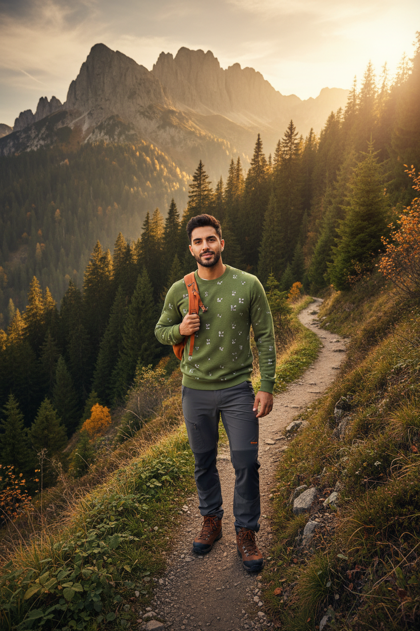 Middle Eastern male model wearing olive green FZ sweater, mountainside trail