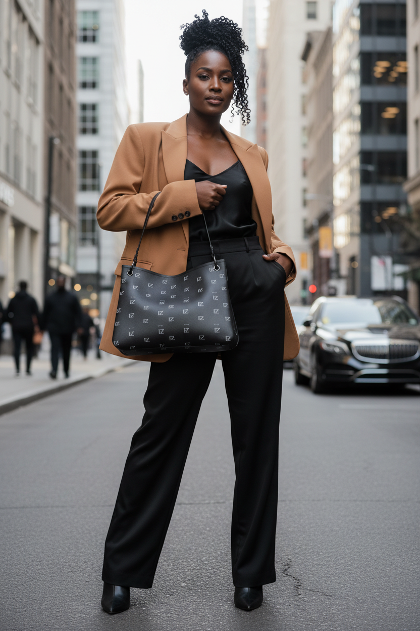 Black woman carrying black FZ monogram bag in crook of elbow, urban street background