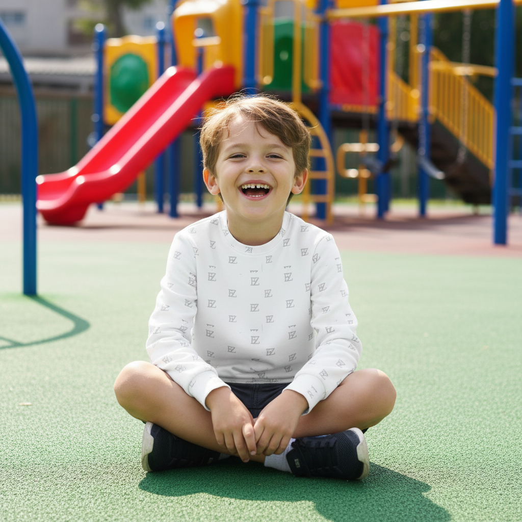 Boy wearing white FZ monogram sweatshirt at playground