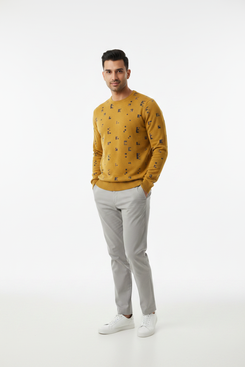South Asian male model wearing mustard FZ sweater, minimalist studio