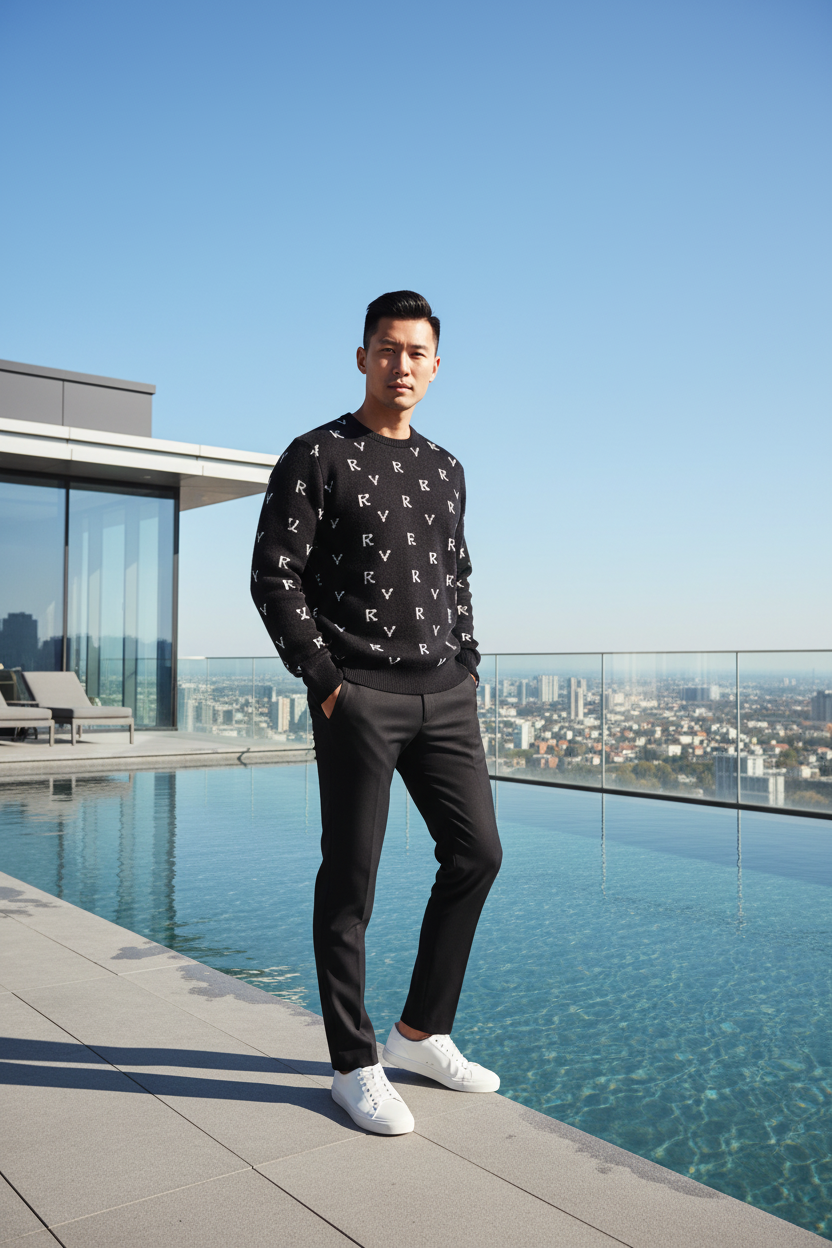 Asian male model wearing black FZ sweater, rooftop pool luxury setting