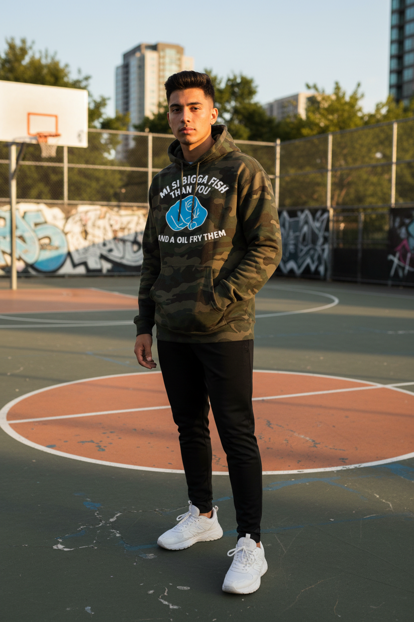Green forest camo hoodie - Hispanic male model, basketball court