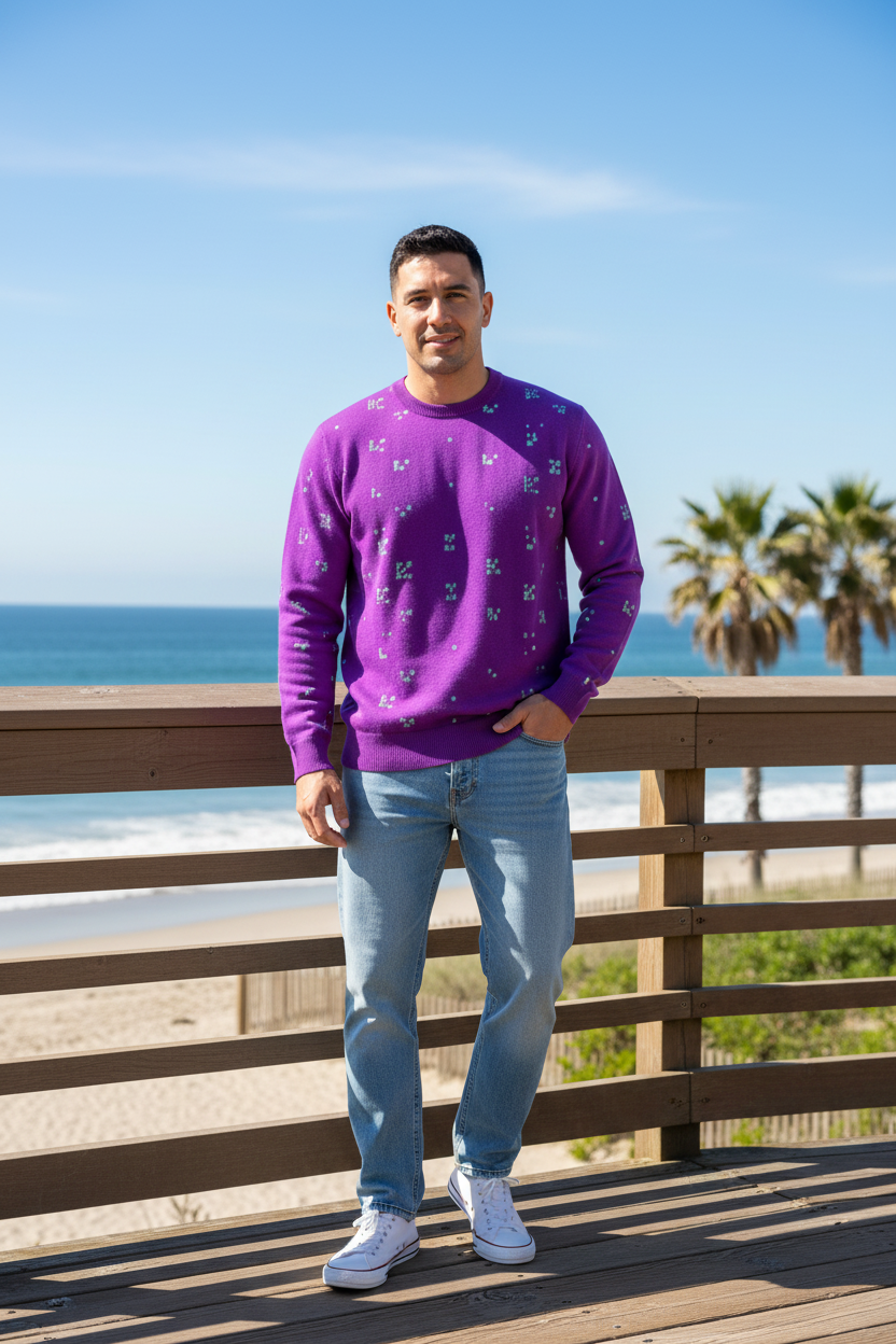 Hispanic male model wearing purple FZ sweater, coastal boardwalk
