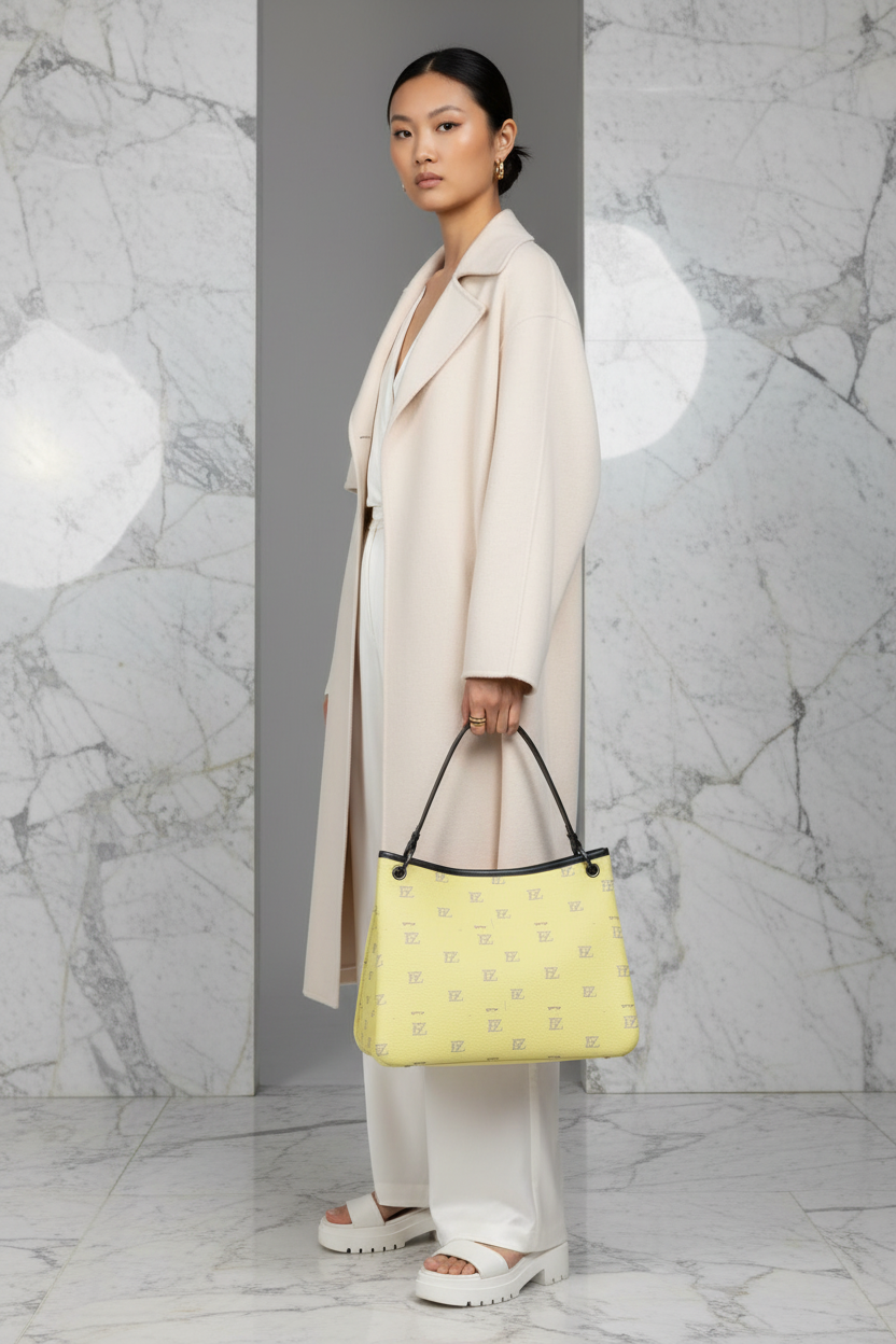 Asian woman with yellow FZ monogram bag over forearm, minimalist marble interior background