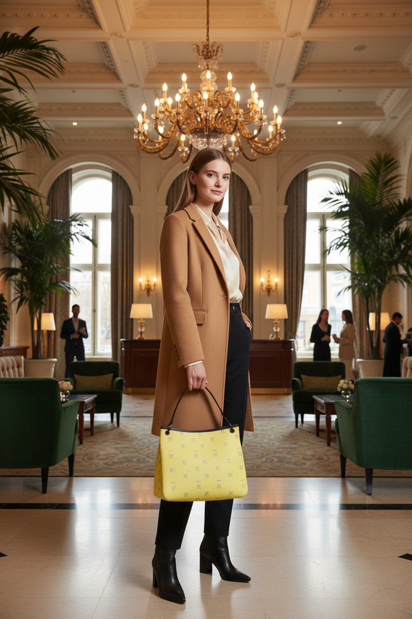 White woman carrying yellow FZ monogram bag handheld, luxury hotel lobby background
