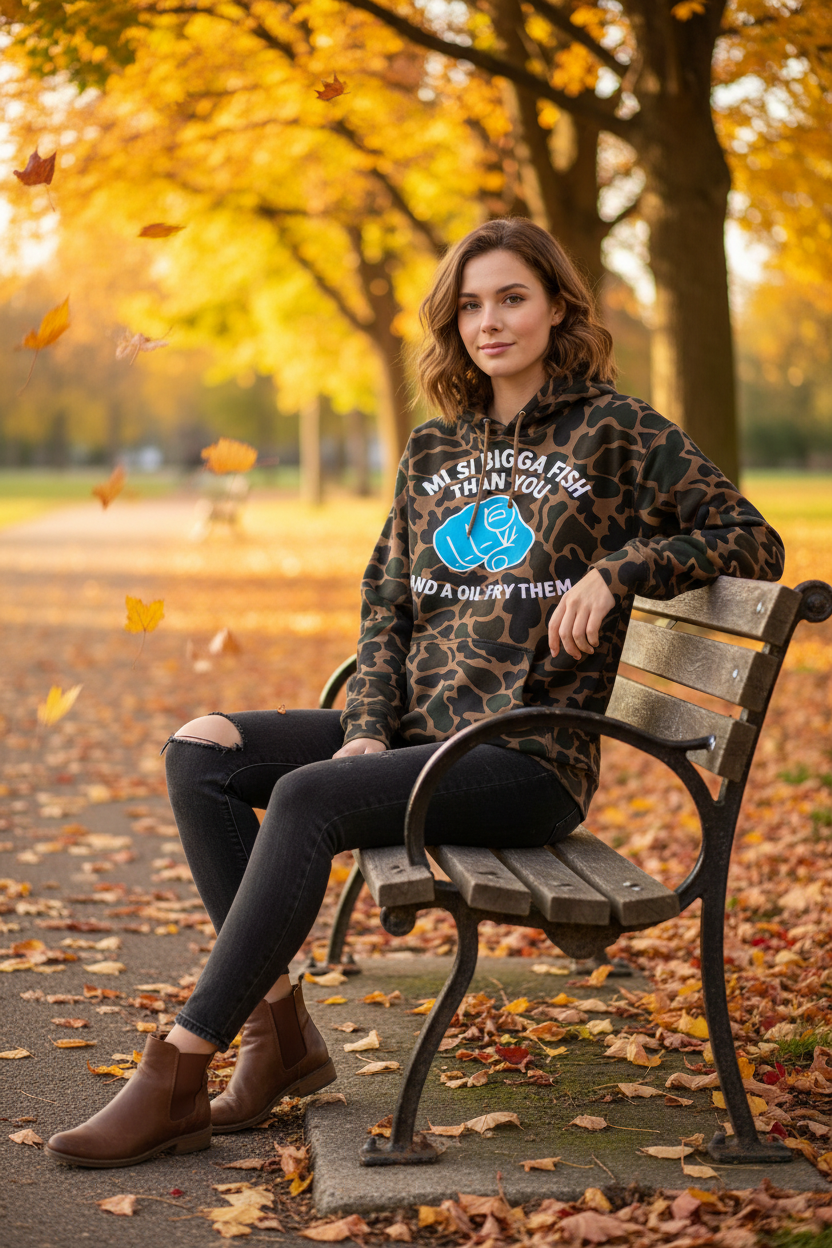 Duck camo hoodie - White female model, autumn park