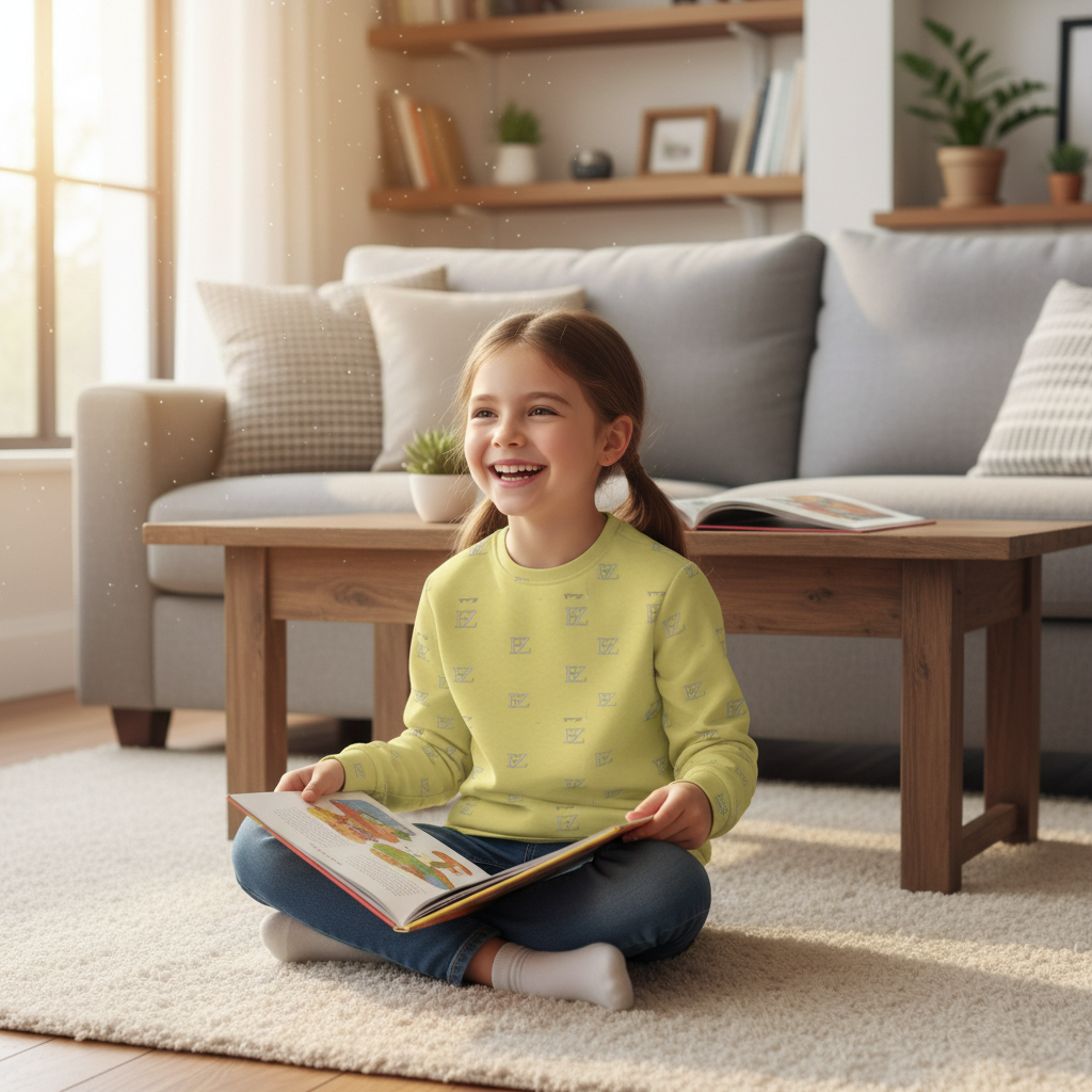 Girl wearing yellow FZ monogram sweatshirt indoors