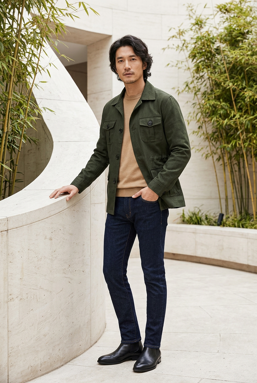 Japanese male model wearing the army-green cargo jacket in an architectural courtyard