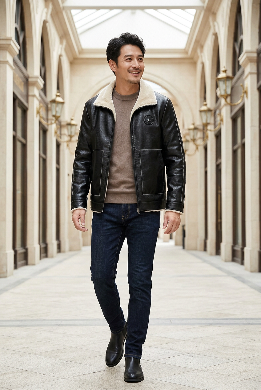 Japanese male model wearing the cream-collar black jacket in a stone arcade