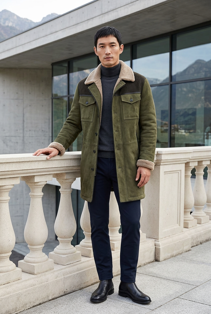 Japanese male model wearing the two-tone olive coat outside a mountain museum