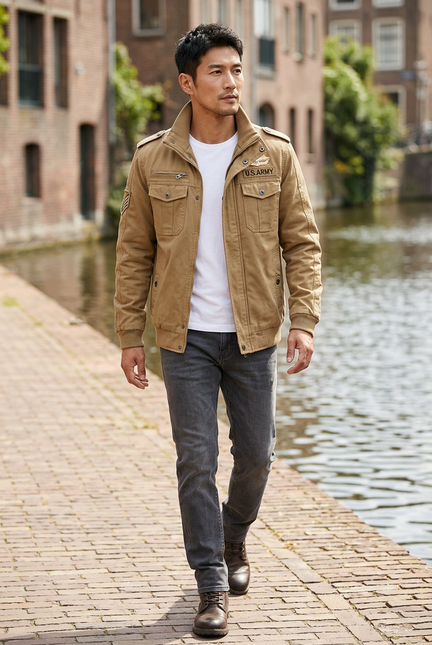 Japanese model walking along a brick canal path