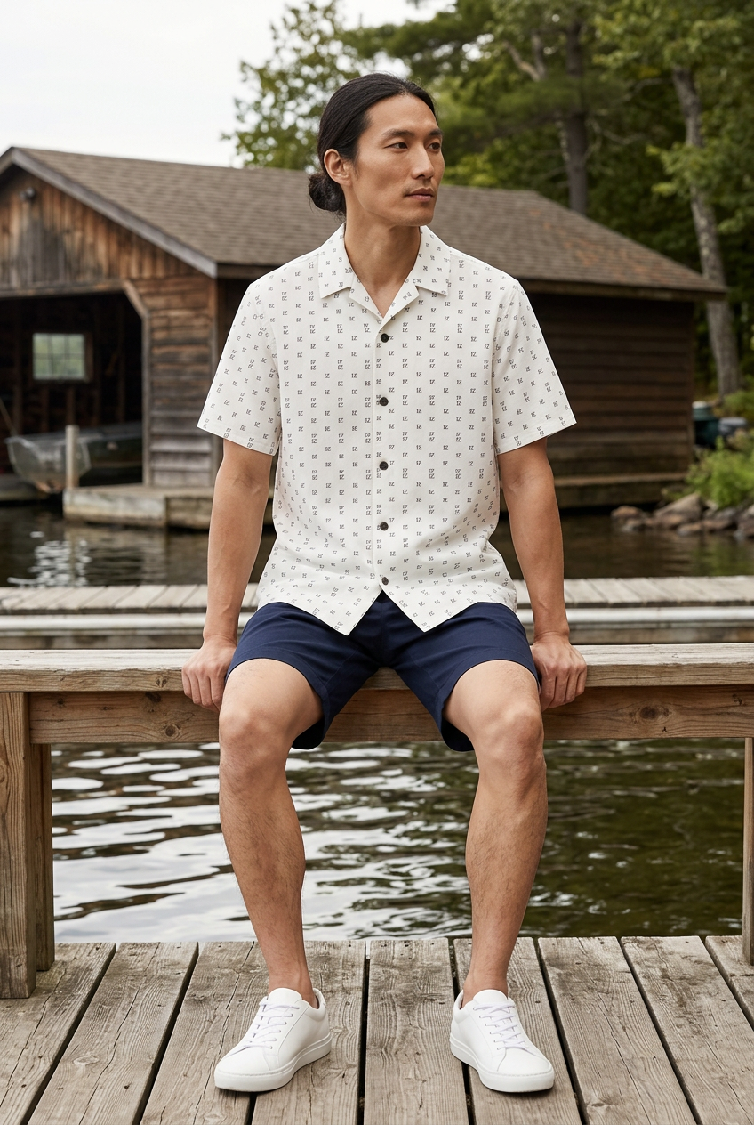 Korean model seated beside a lakeside boathouse
