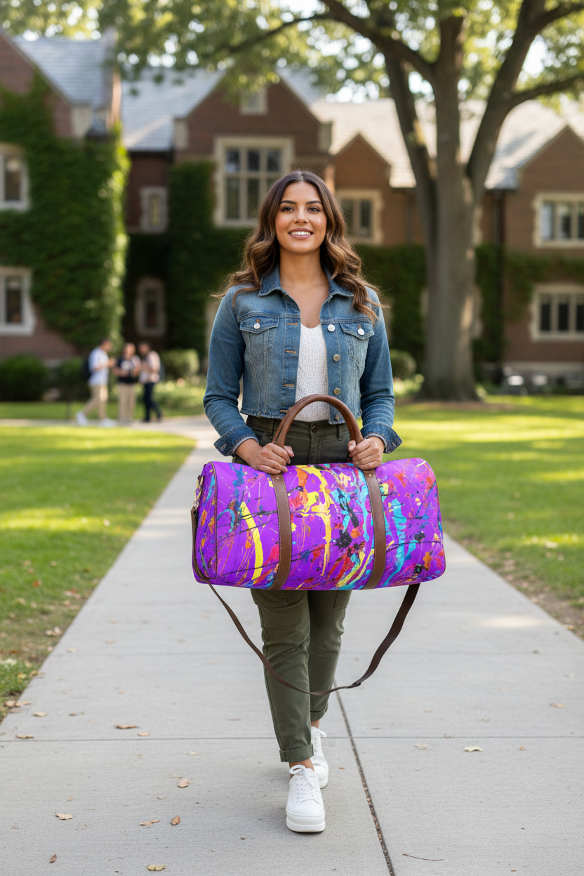 Latina model campus with duffle bag