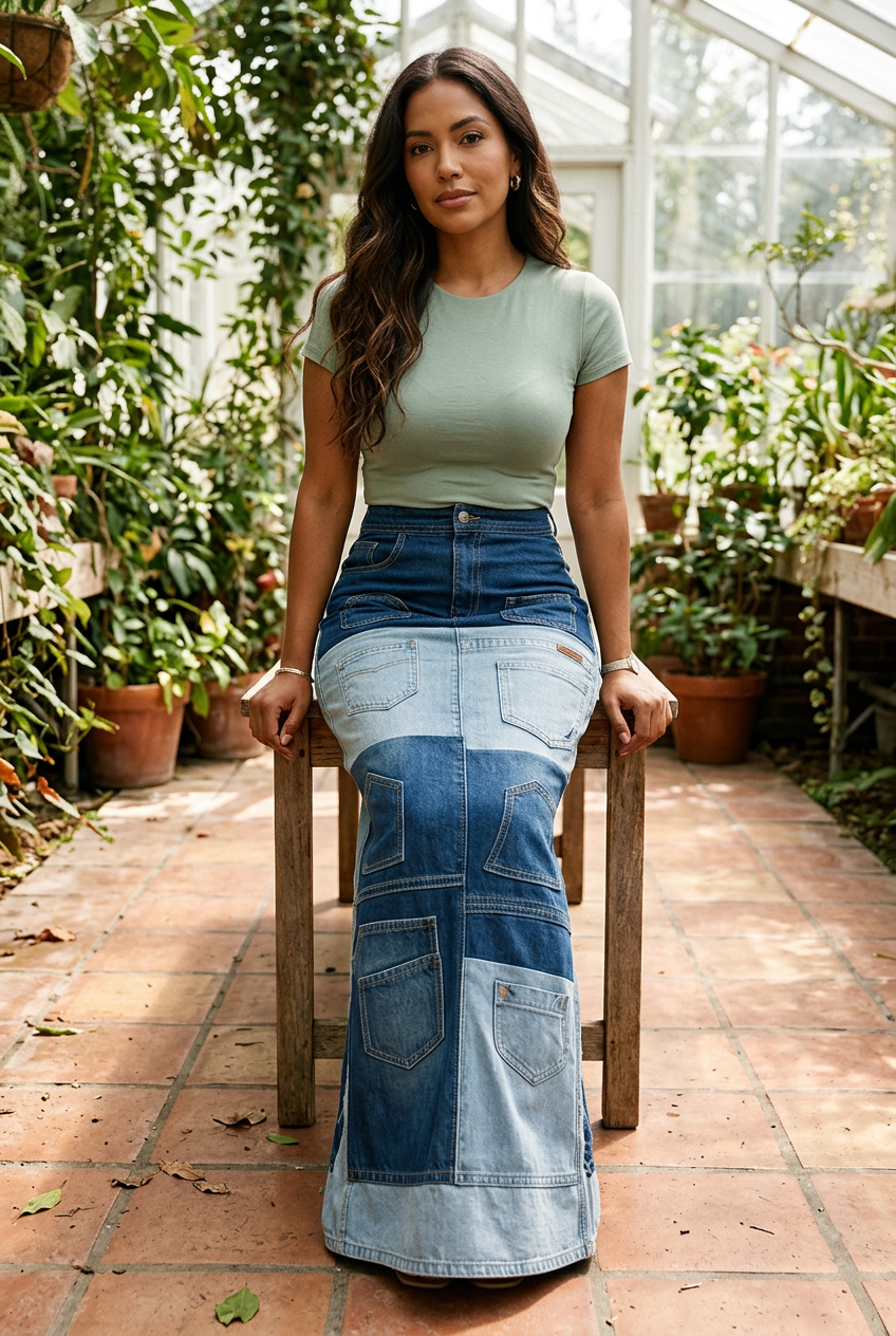 Latina model seated in a garden conservatory
