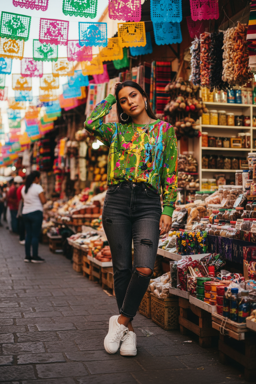 Latina woman in bright green paint splatter sweatshirt, street market setting