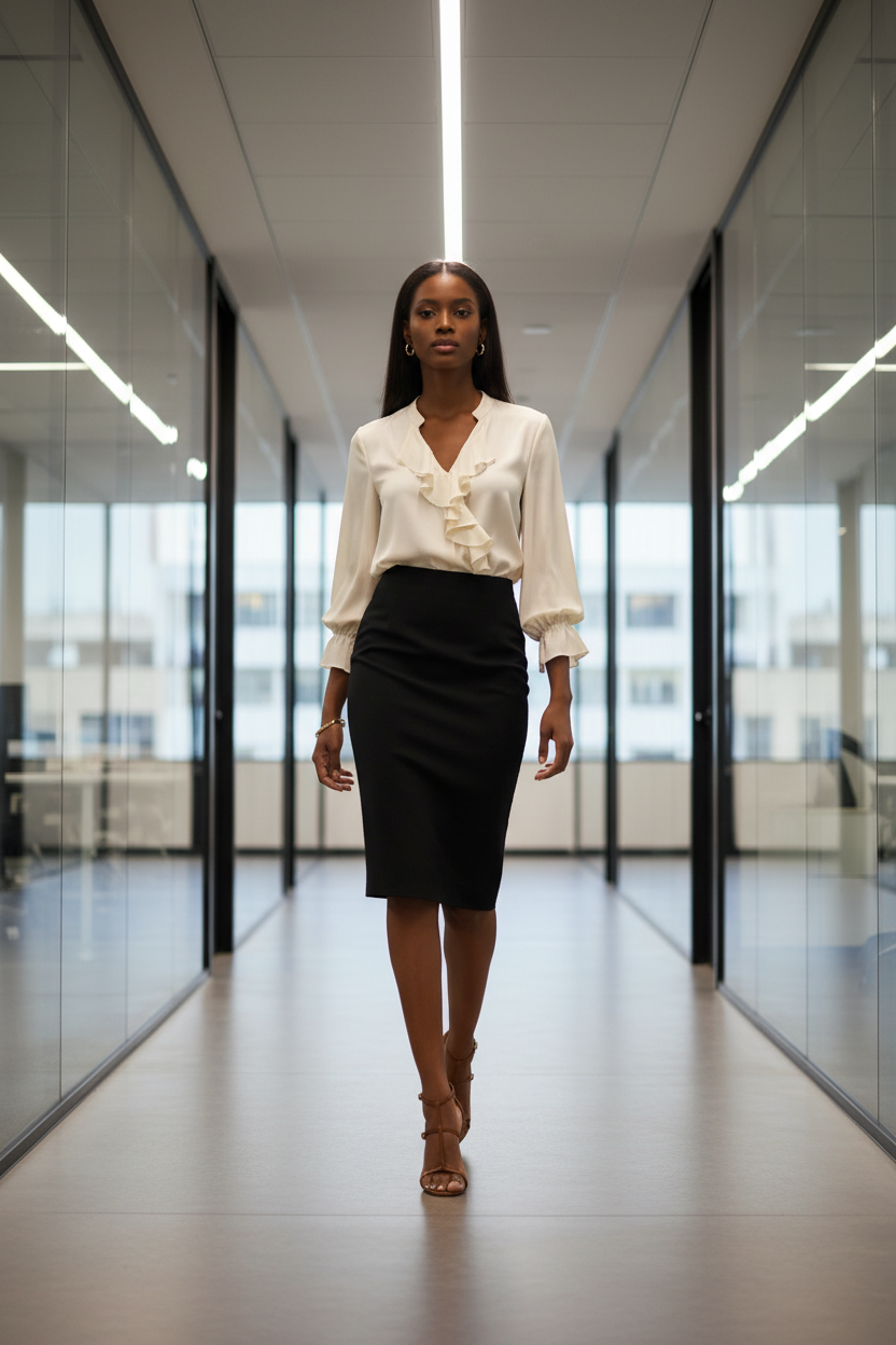 Latina woman wearing cognac brown T-bar stiletto sandals in modern office corridor