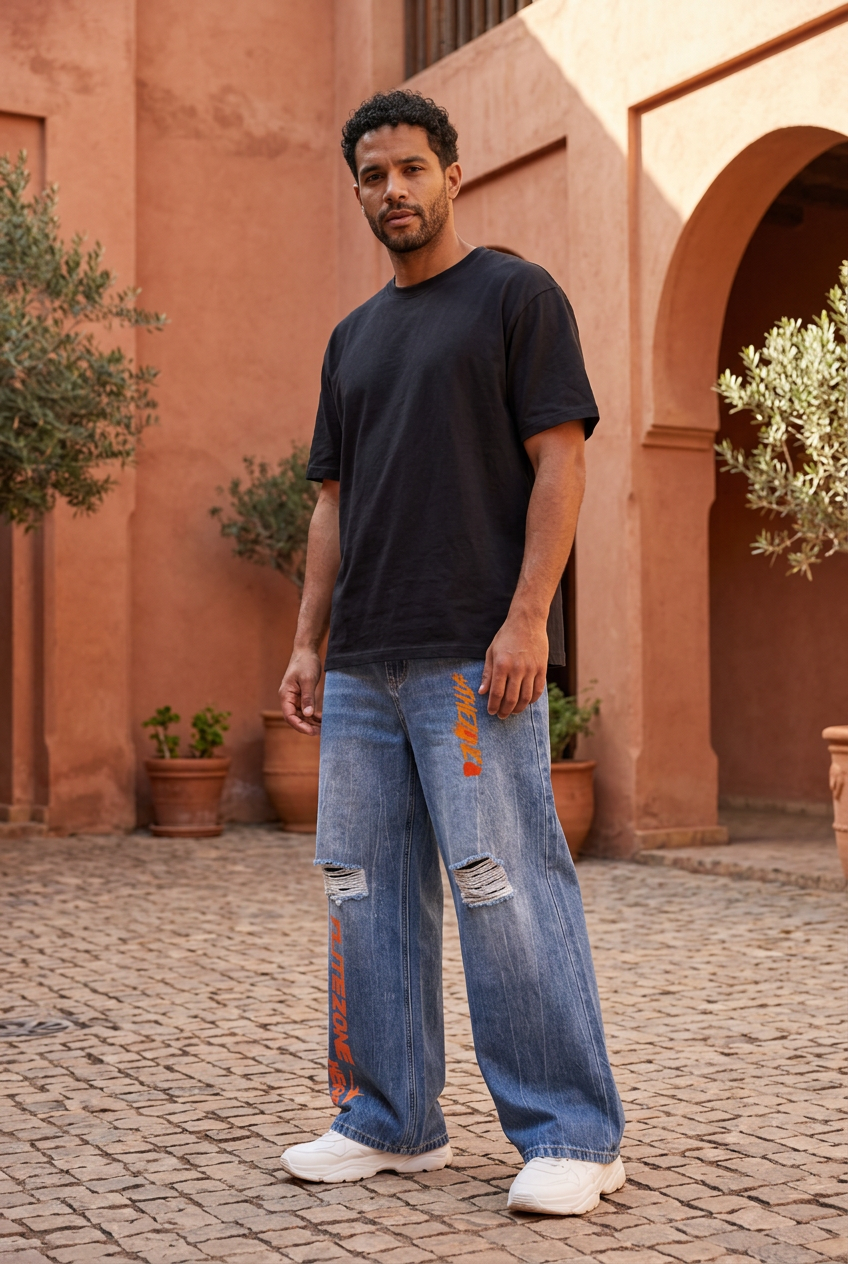 Latino male model in a terracotta courtyard