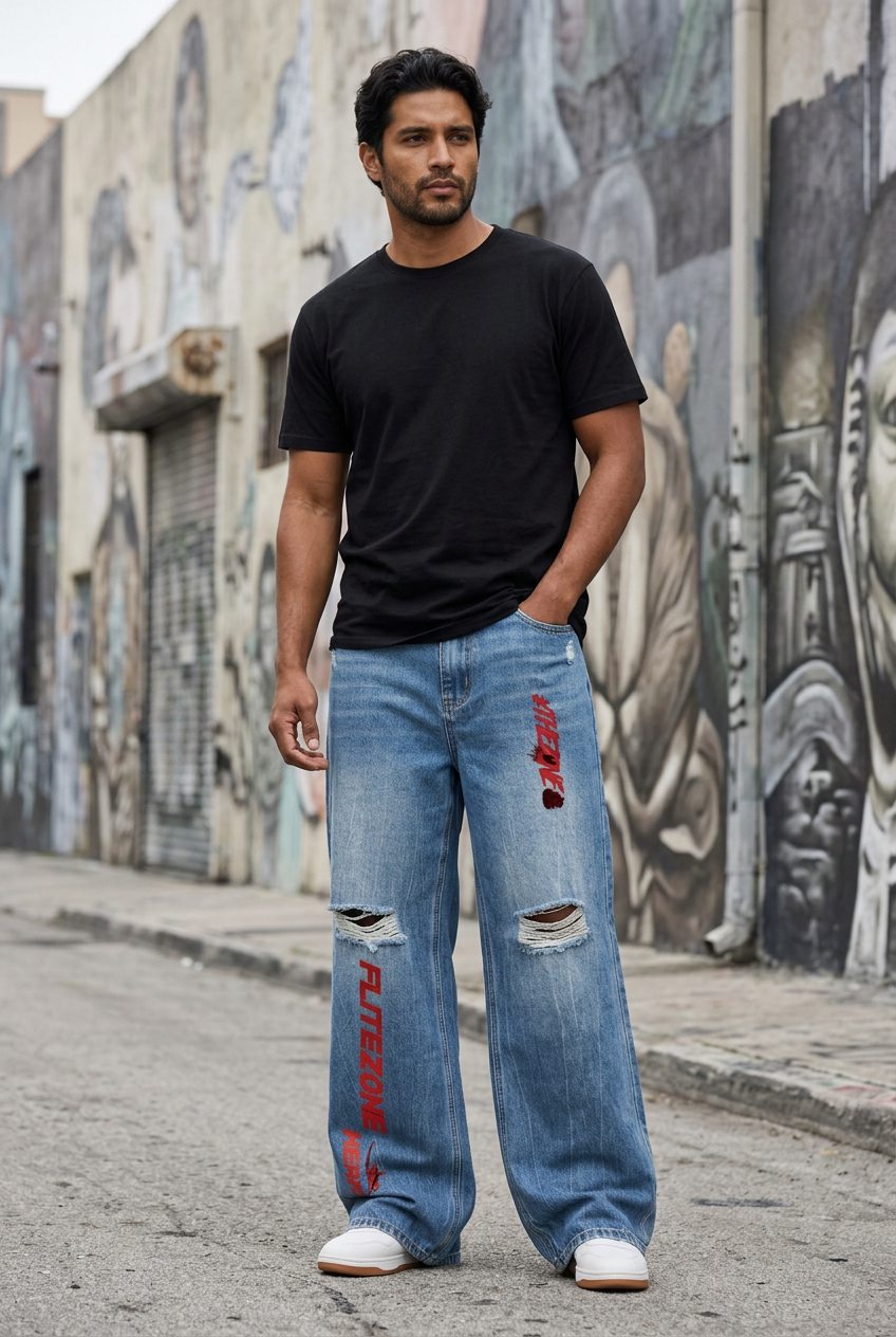 Latino male model on a mural-lined street