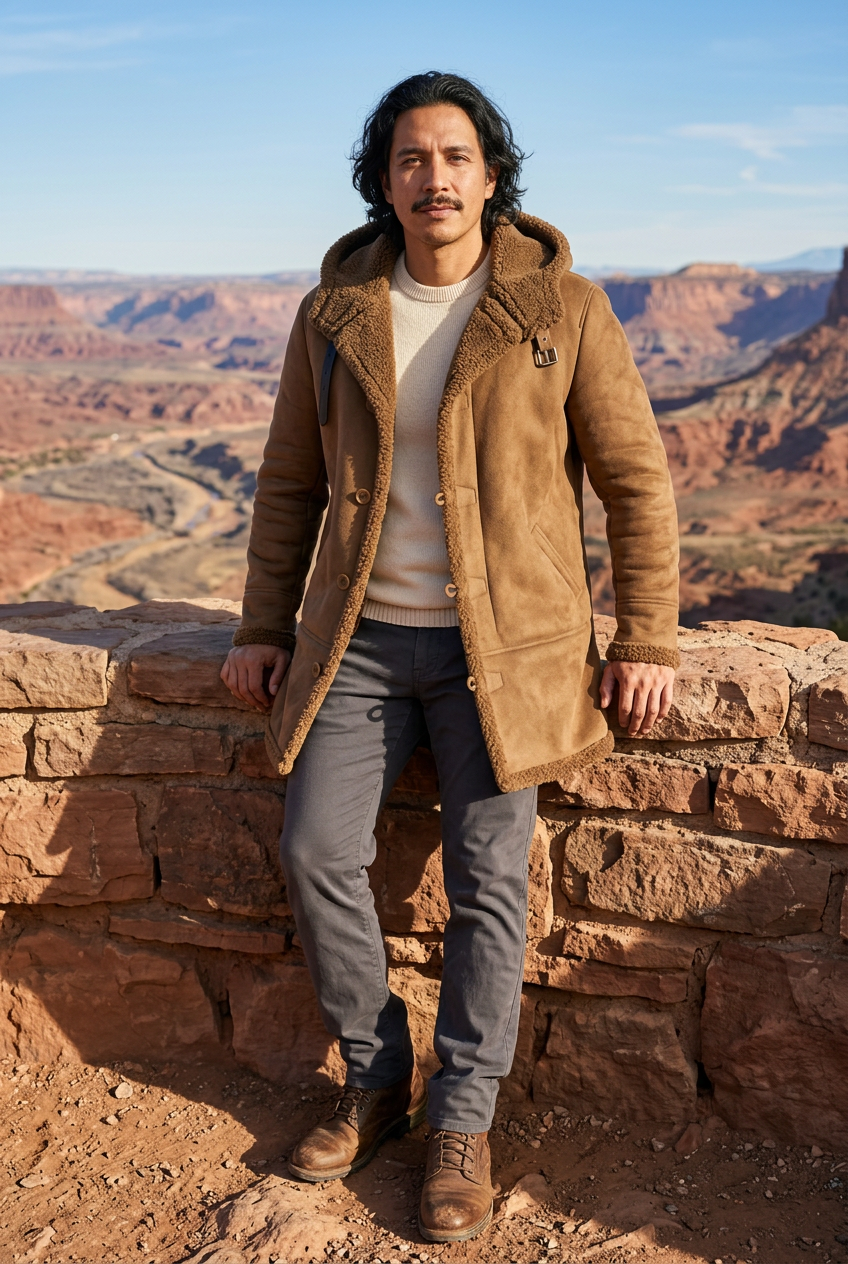 Latino male model resting against a stone wall at a scenic overlook