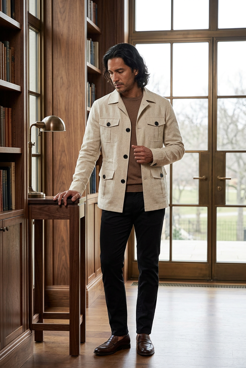 Latino male model wearing the beige cargo jacket in a design library