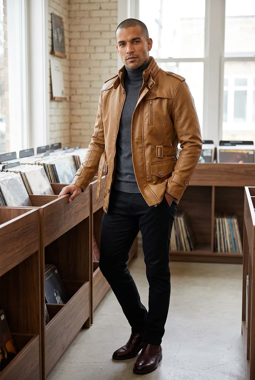Latino male model wearing the tan jacket in a boutique record shop