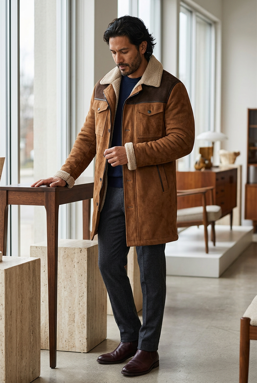 Latino male model wearing the two-tone brown coat in a vintage furniture showroom