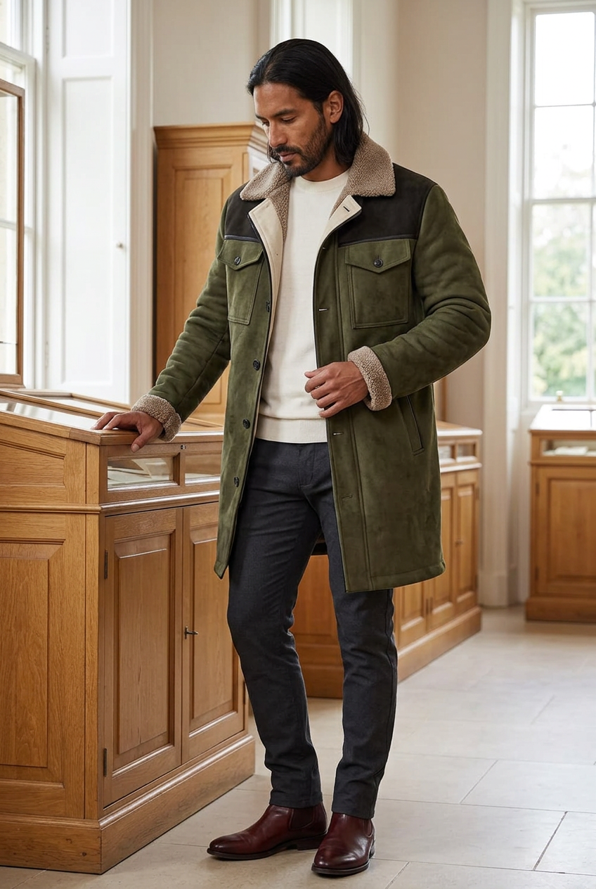 Latino male model wearing the two-tone olive coat in a botanical illustration gallery