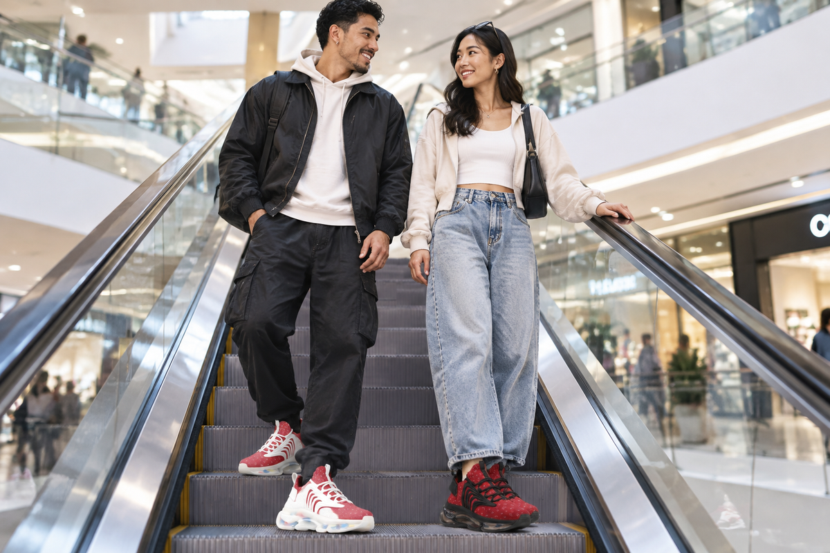 Latino man and East Asian woman on a mall escalator in the red Z-logo sneakers