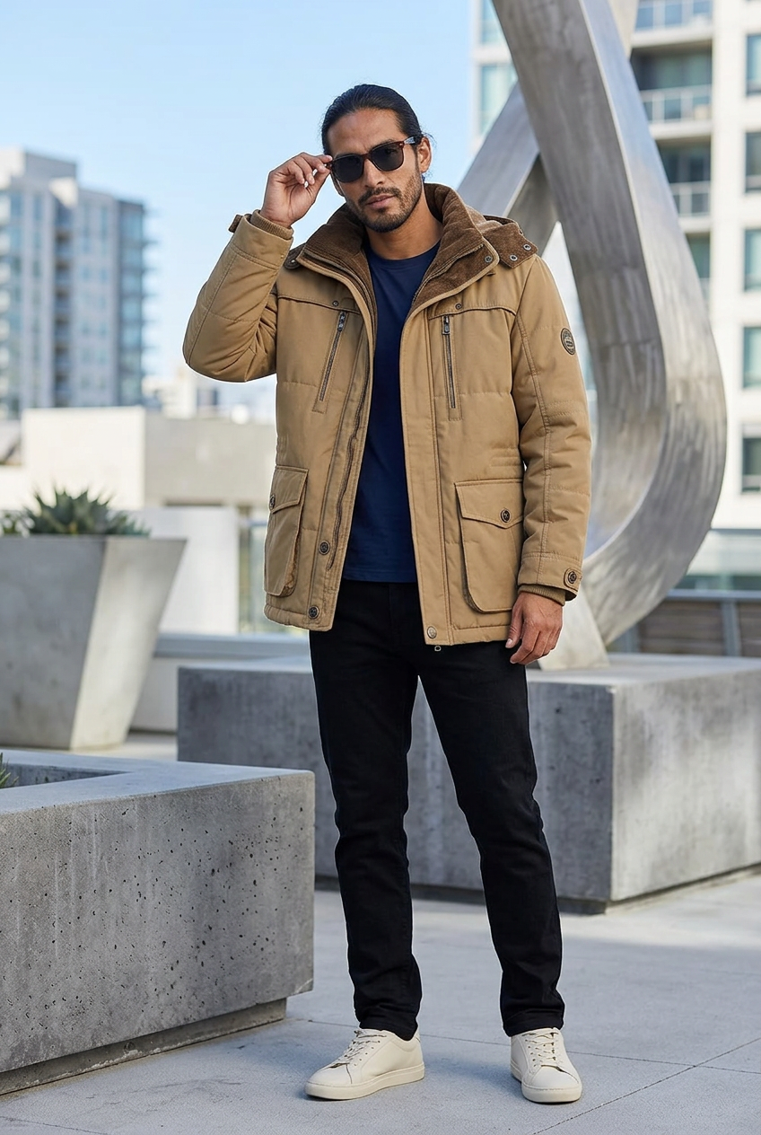 Latino model adjusting sunglasses on a sculpture terrace
