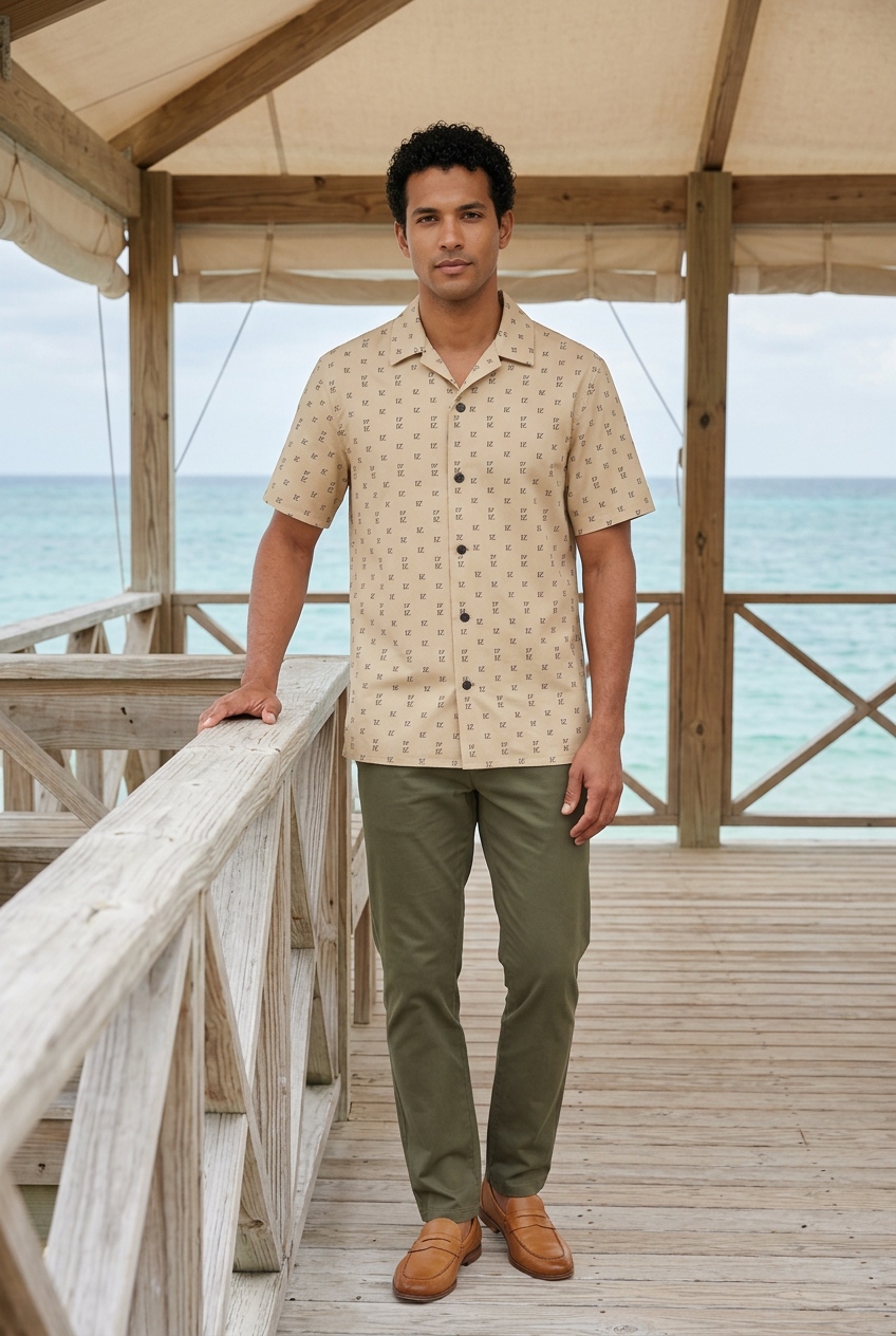 Latino model leaning against a seaside pavilion railing