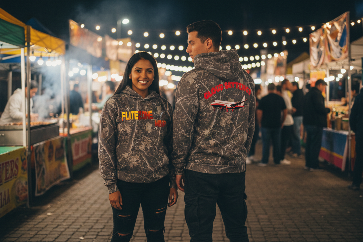 Lifestyle image showing the hoodie front and back at a night market