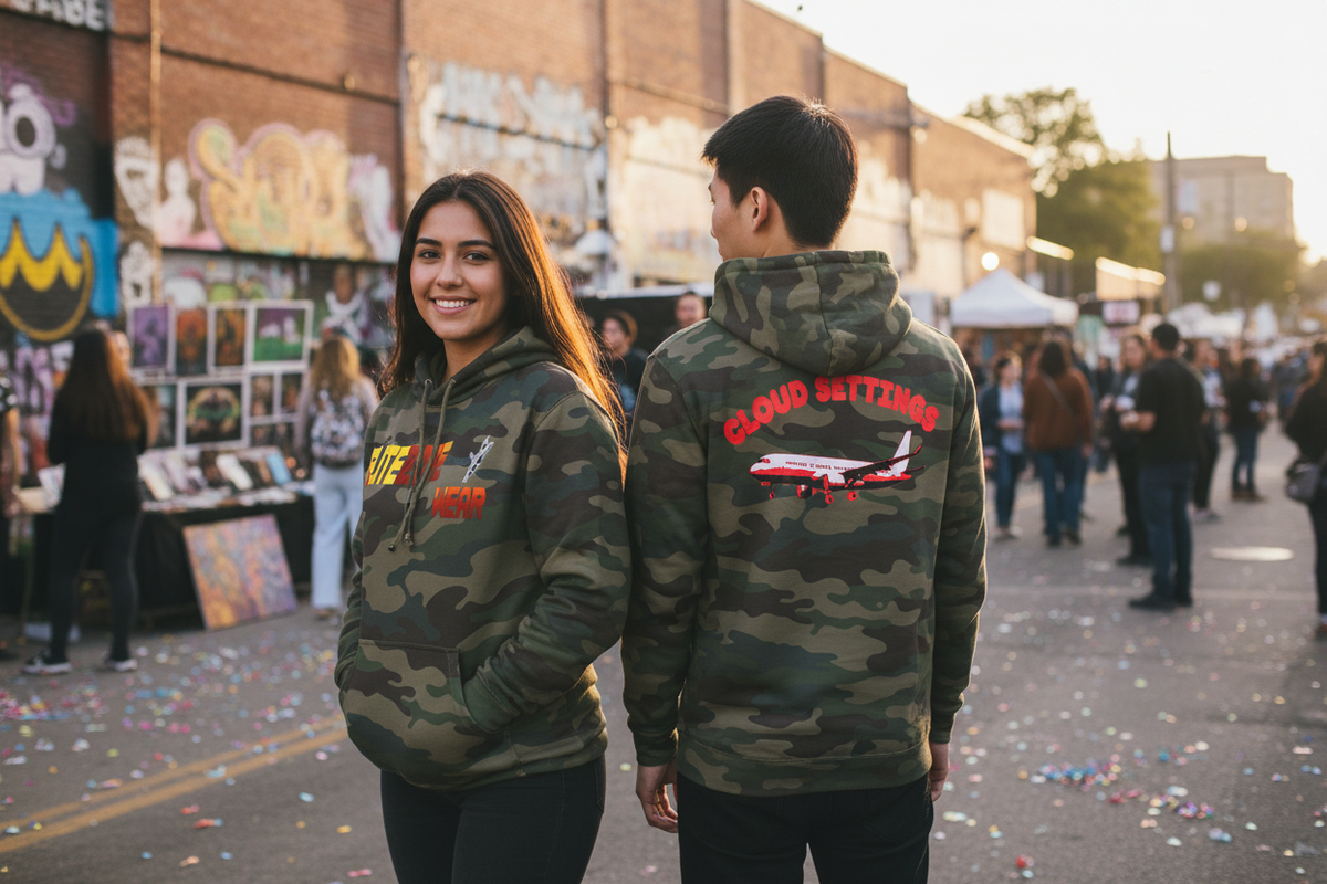 Lifestyle image showing the hoodie front and back at a street-art festival