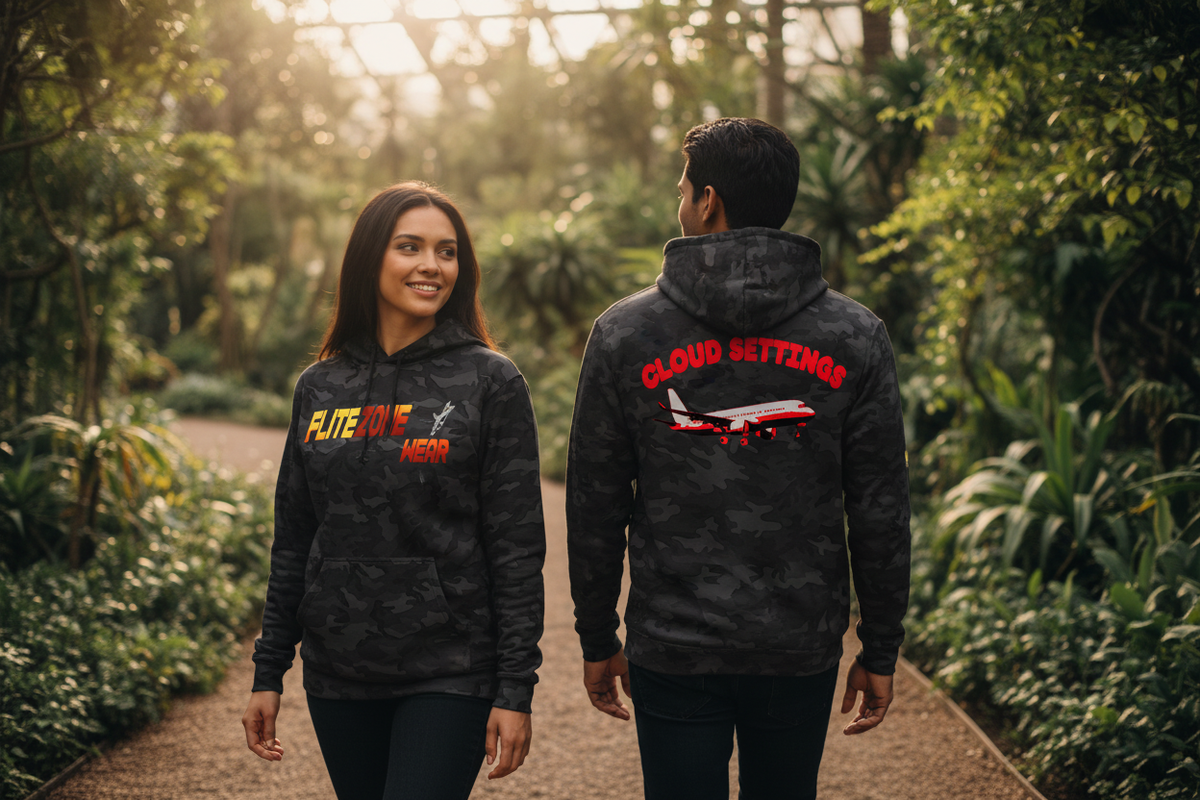 Lifestyle image showing the hoodie front and back in a botanical garden