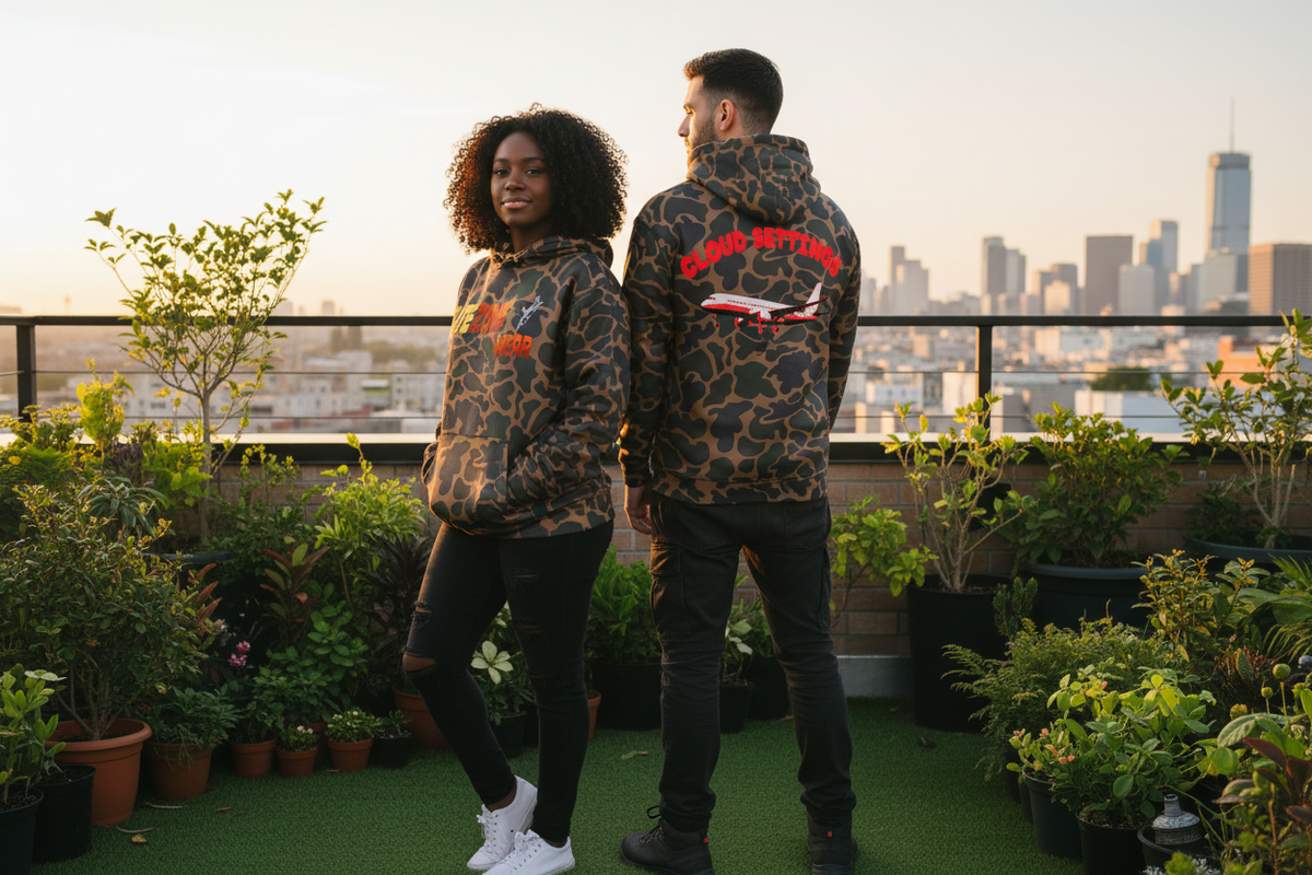 Lifestyle image showing the hoodie front and back in a rooftop garden