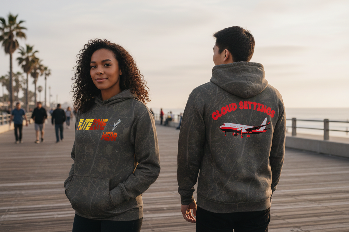 Lifestyle image showing the hoodie front and back on a seaside boardwalk