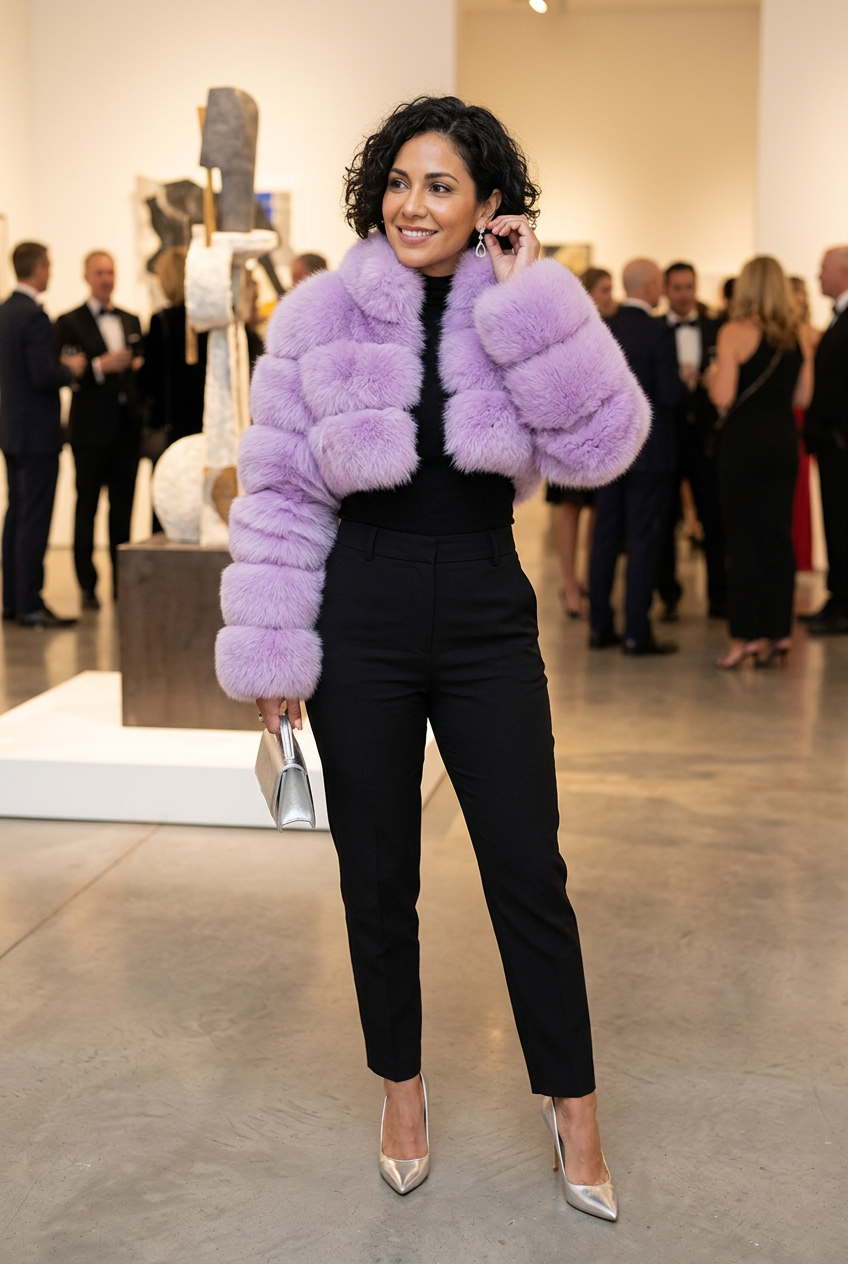Lilac cropped fur coat at an art reception