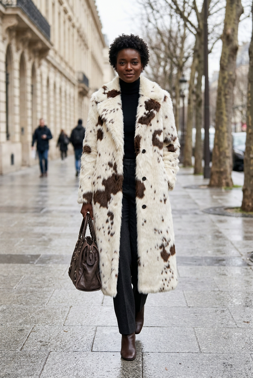 Long winter coat on a city sidewalk