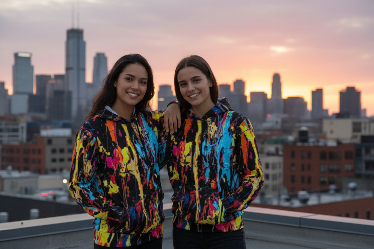 Male and female models - paint splatter hoodie