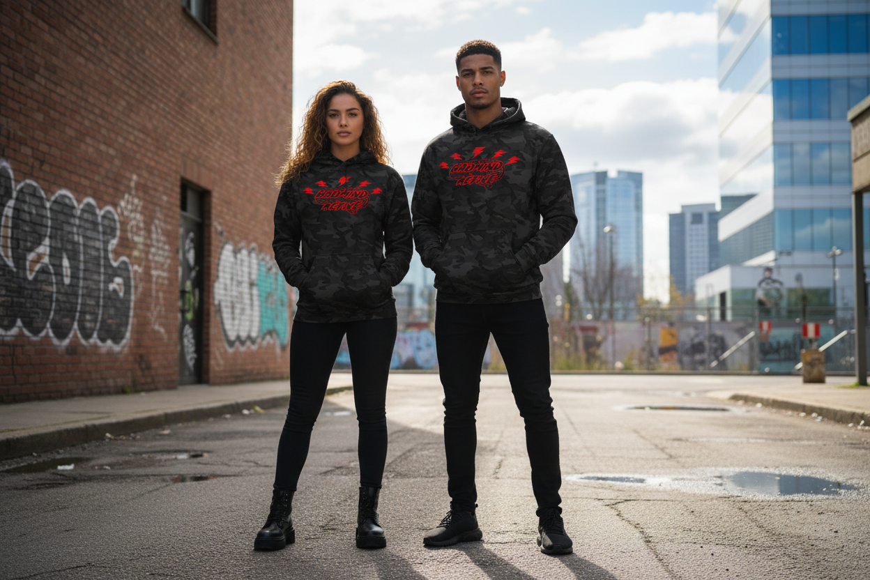 Male & Female Models - Badmind Active Black Camo Hoodie