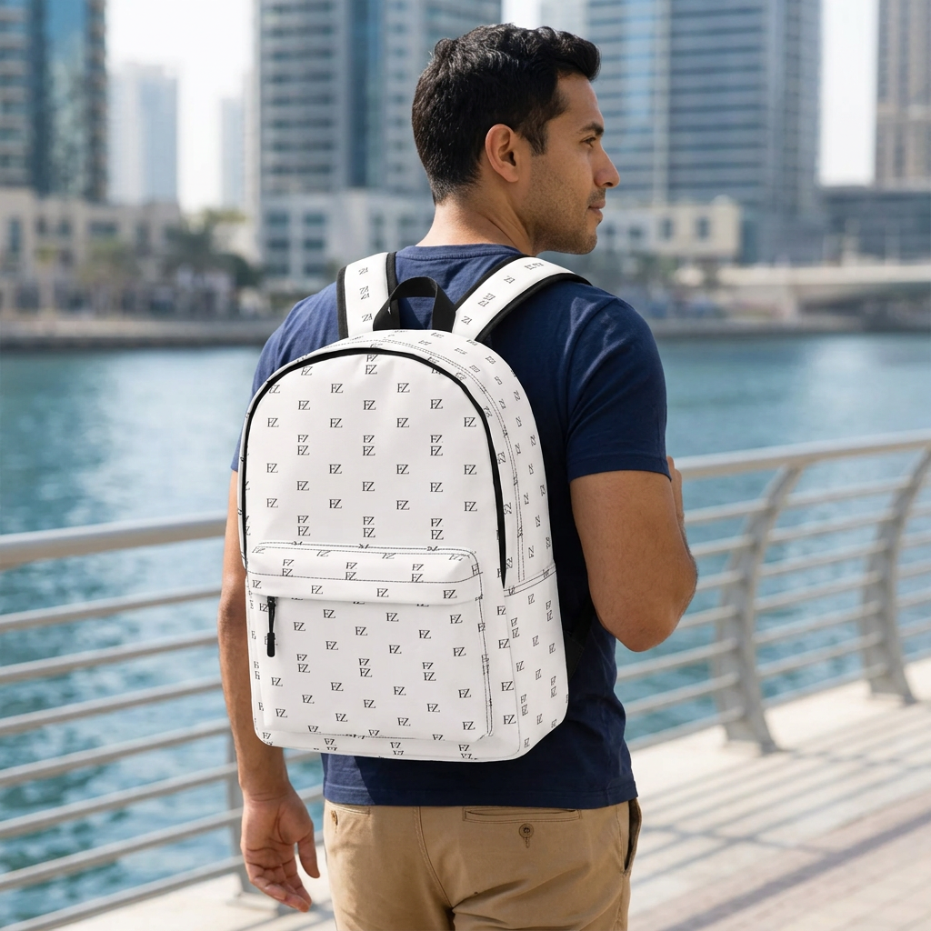 Male model carrying the white backpack at a waterfront