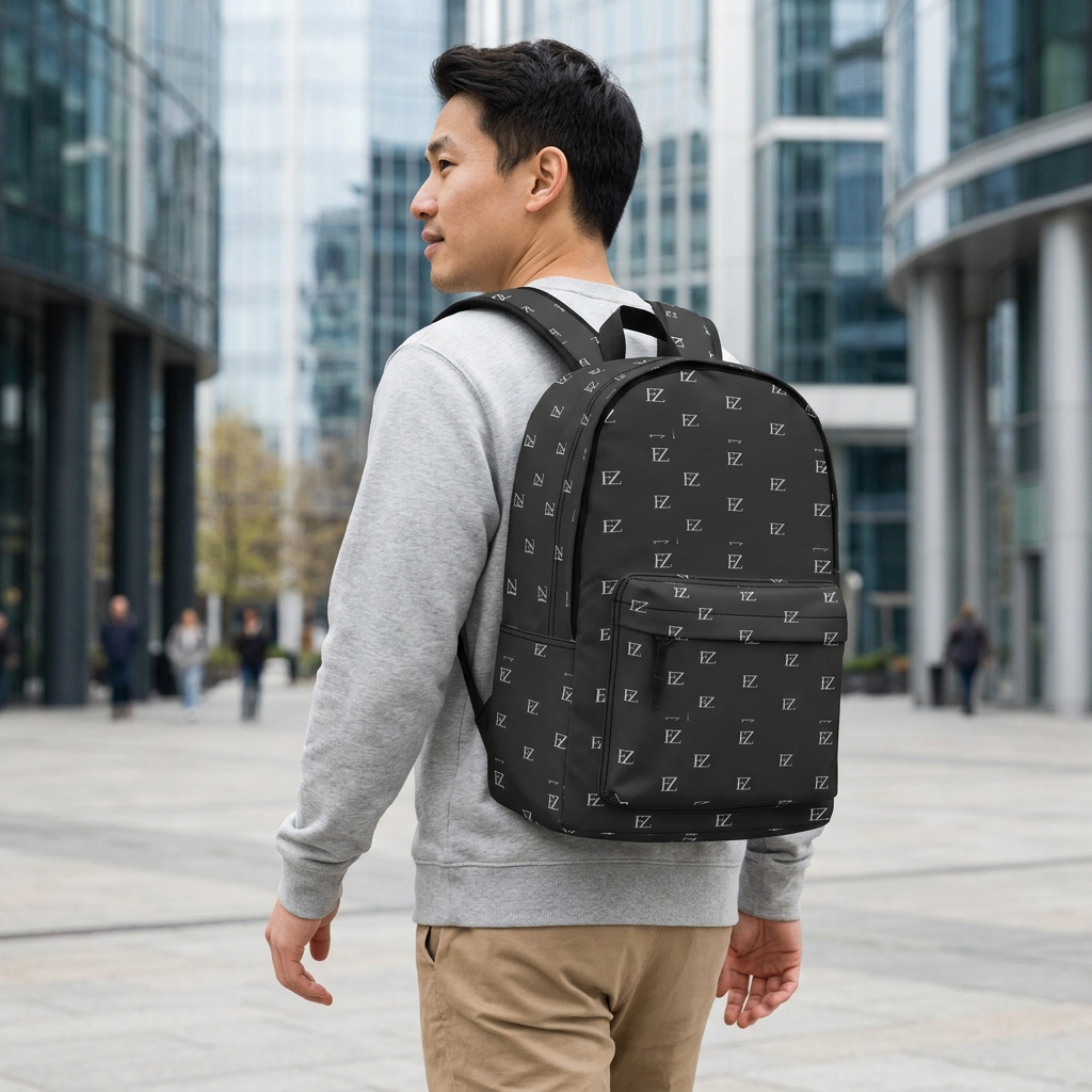 Male model wearing the black backpack in a city plaza
