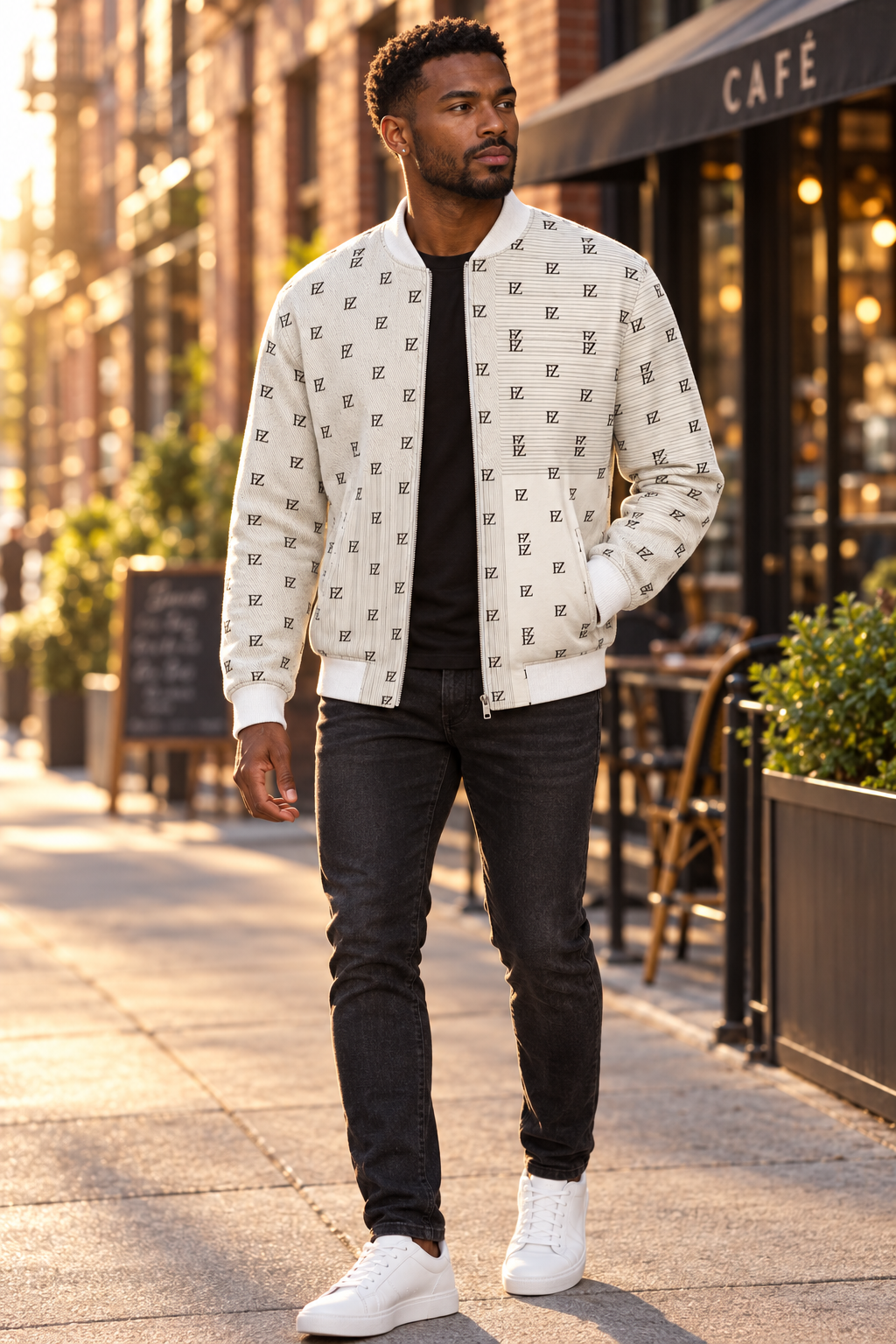 Man wearing the FZ monogram denim bomber on a sunlit city street