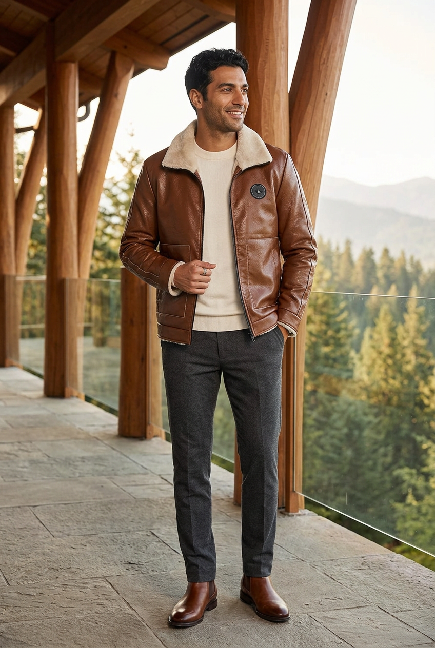 Middle Eastern male model wearing the brown cream-collar jacket on a hillside lodge terrace