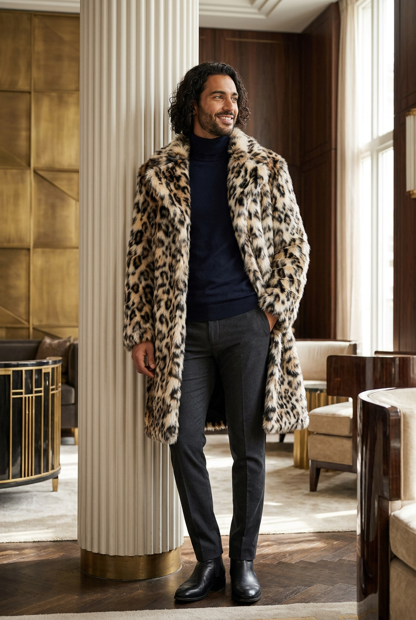 Middle Eastern male model wearing the leopard coat in an Art Deco lounge
