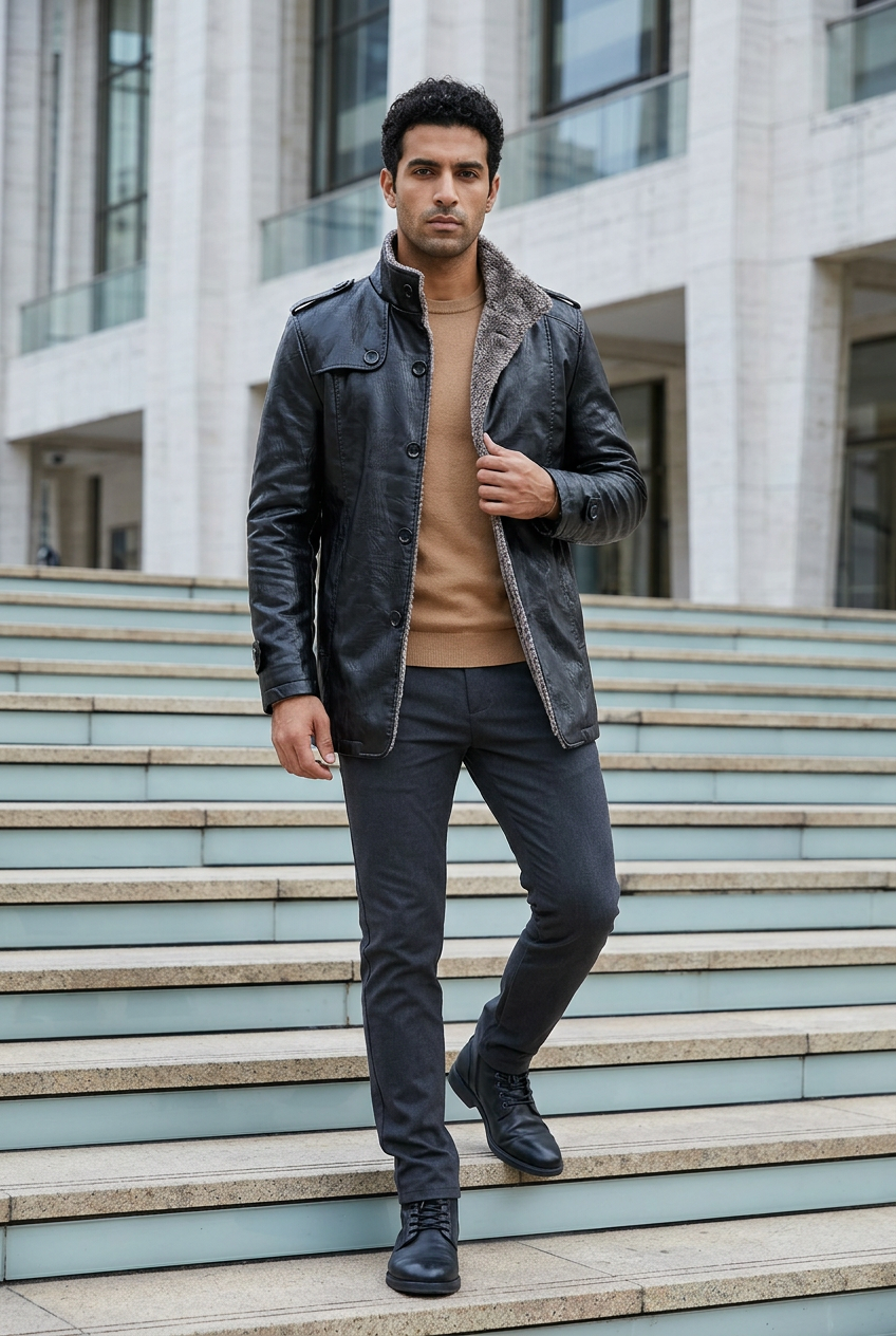 Middle Eastern male model wearing the slim-fitted black PU leather jacket outside a performing arts center